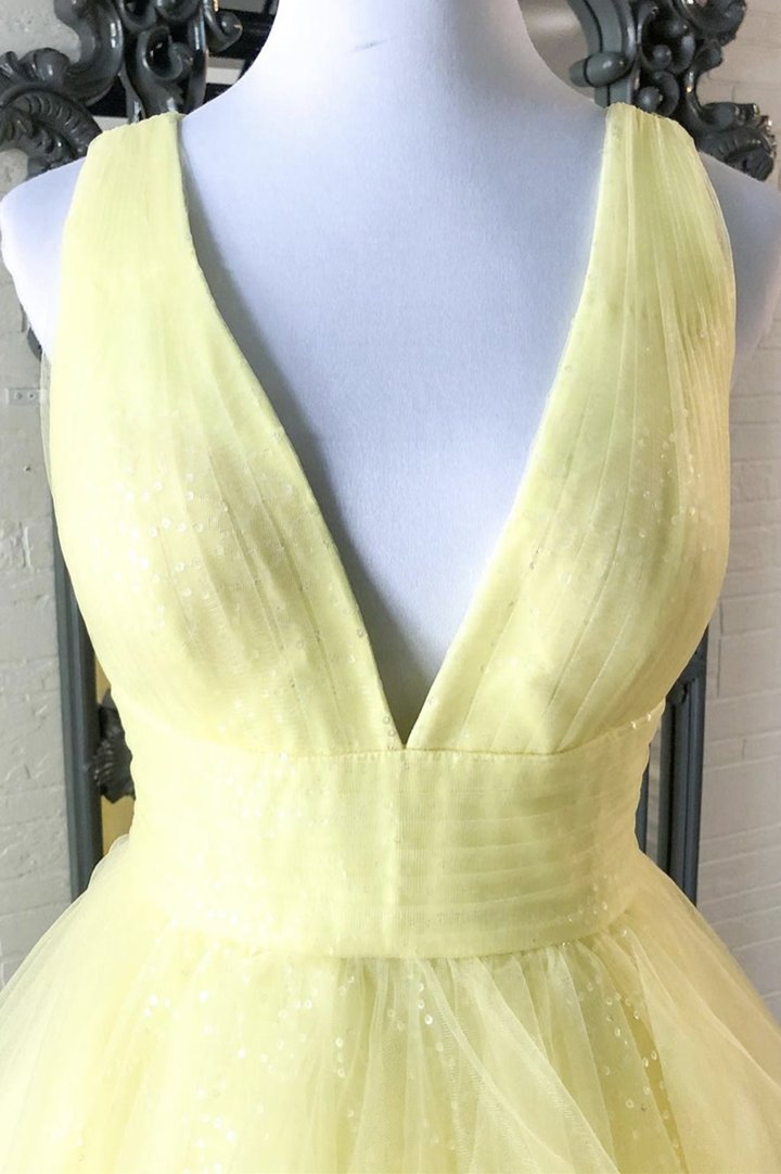 Yellow tulle sequins long A line prom dress evening dress KS6599