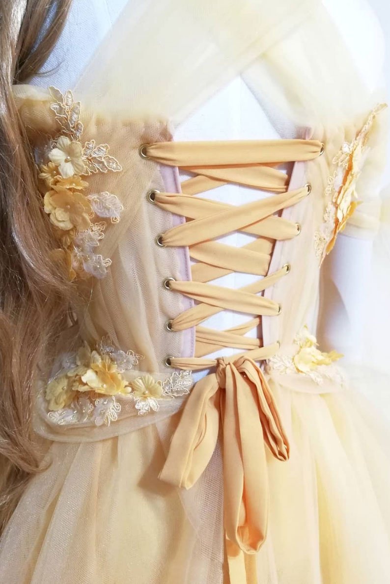 Yellow sweetheart tulle lace long prom dress yellow formal dress 0239