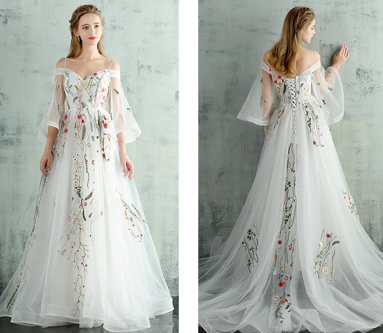 White Tulle Lace Spaghetti Straps Long Evening Dress, Embroidery White Prom Dress KS3796