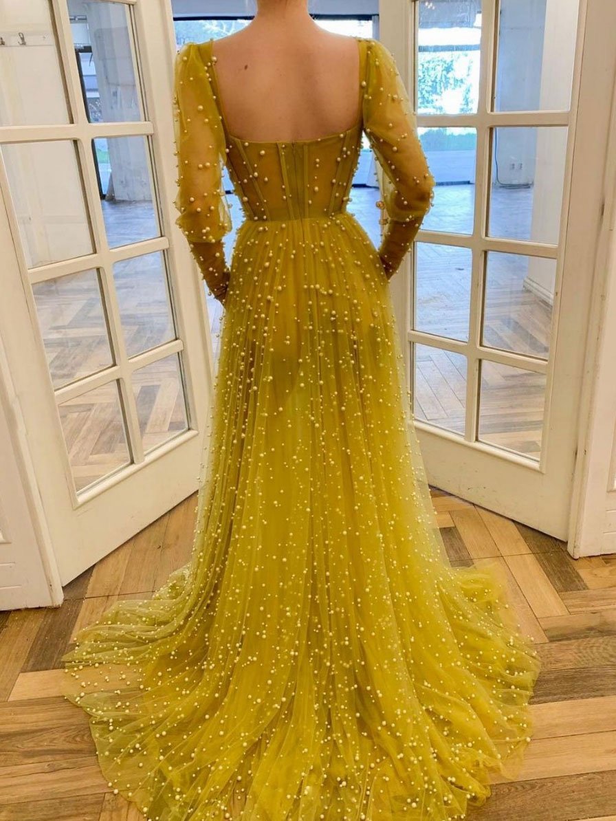 Yellow sweetheart tulle beads long prom dress, yellow evening dress SA271