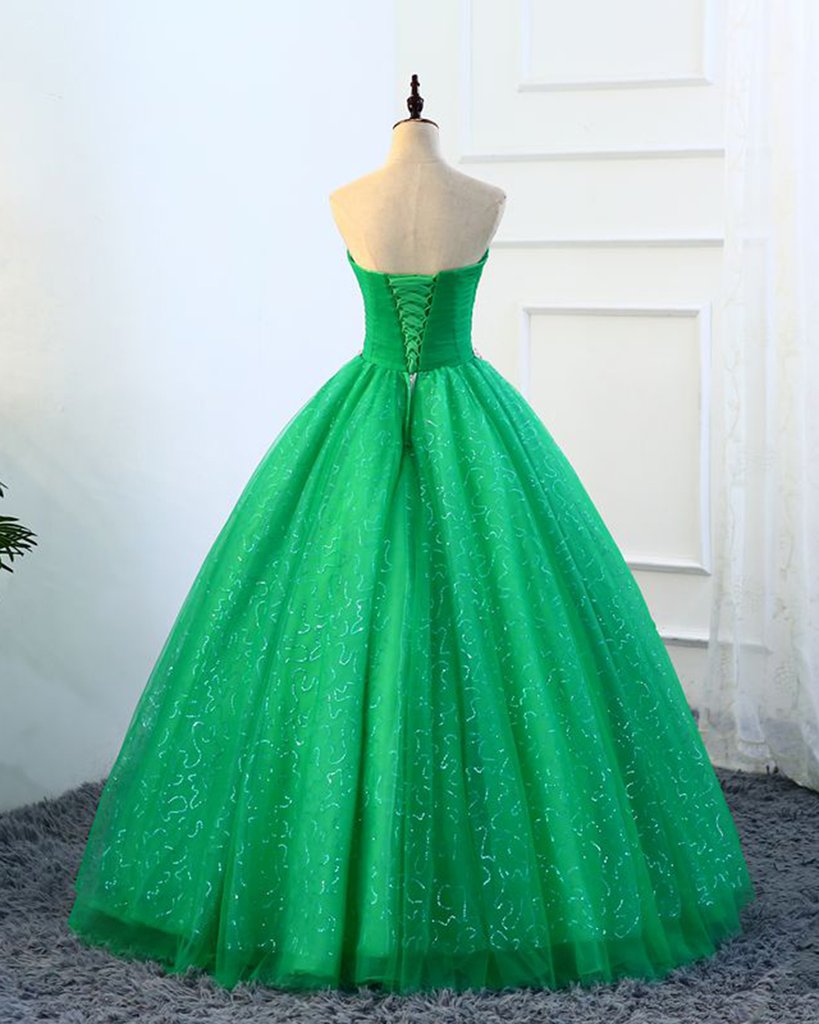 Strapless Green Sequins Tulle Long A Line Beaded Prom Dress, Formal Dress KS7480