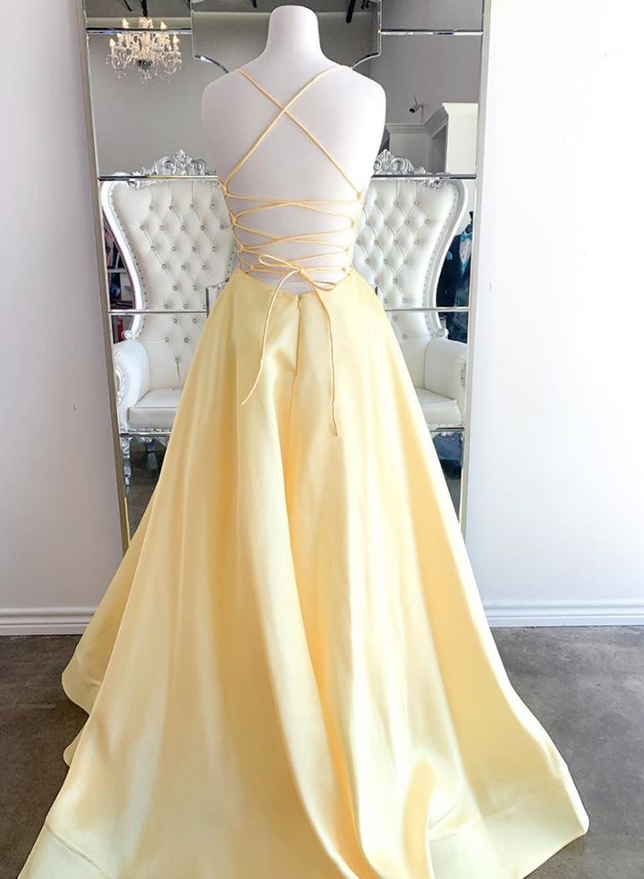 Yellow v neck satin long prom dress evening dress KS1442