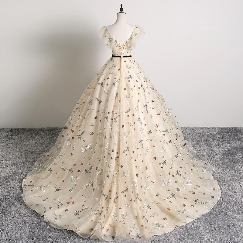 Pretty Champagne Floral Tulle V Neck Floor Length Customize Prom Dress, Formal Dress KS7628