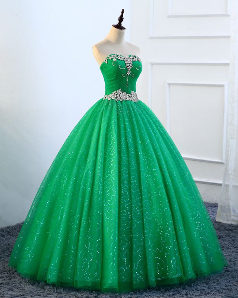 Strapless Green Sequins Tulle Long A Line Beaded Prom Dress, Formal Dress KS7480