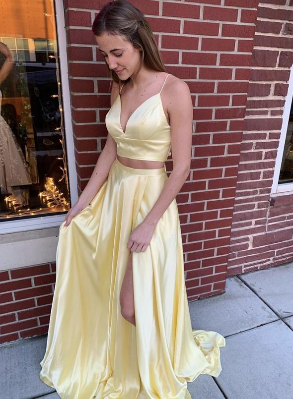 Yellow satin long prom dress two pieces evening dress KS1363