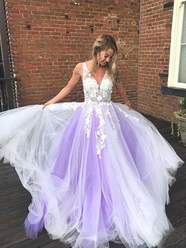 Yellow v neck tulle lace long prom dress yellow tulle lace formal dress KS6947