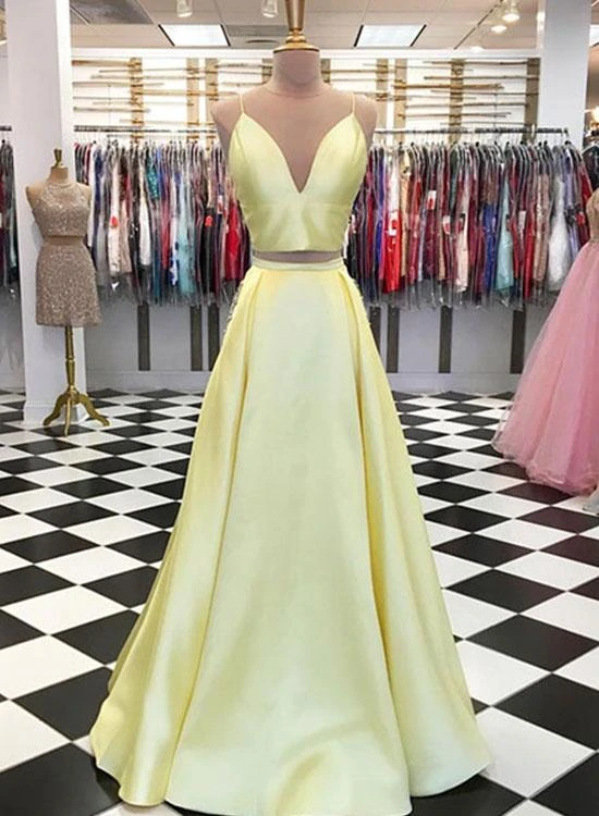 Yellow two pieces long prom dress, yellow satin evening dress KS2320