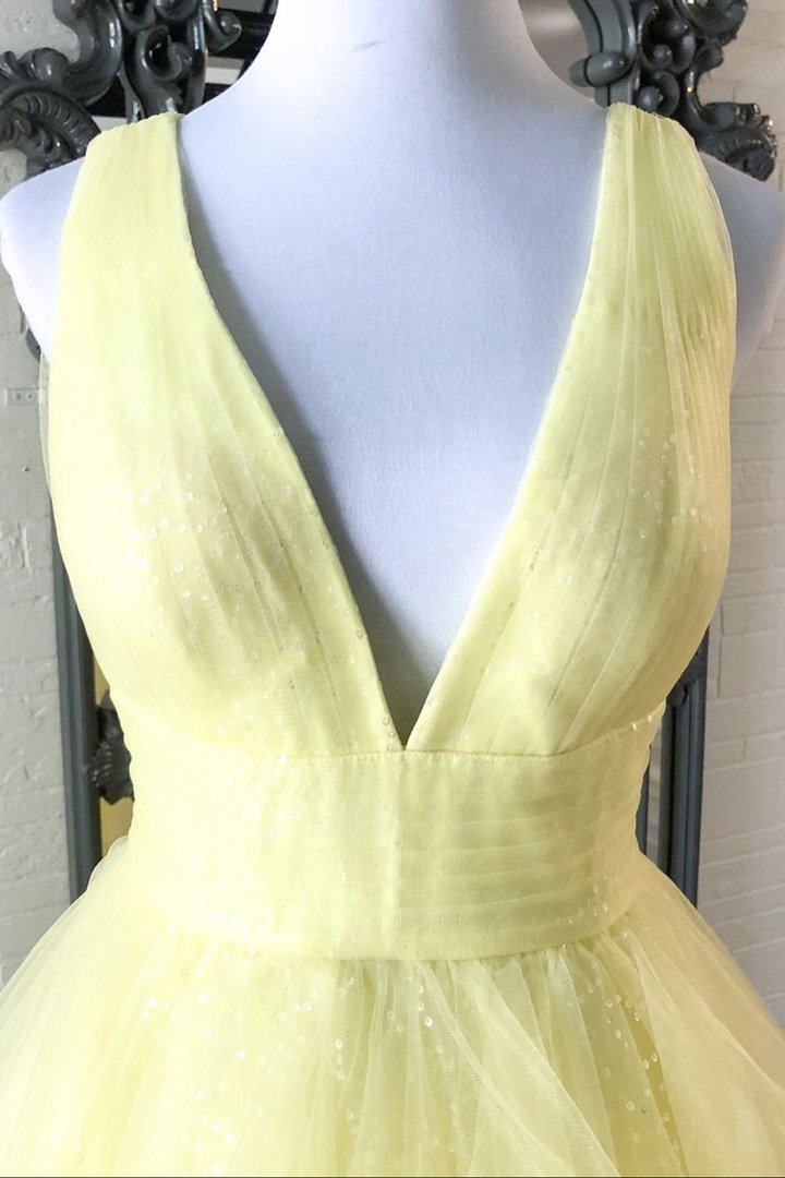 Yellow v neck tulle long A line prom dress evening dress KS5023