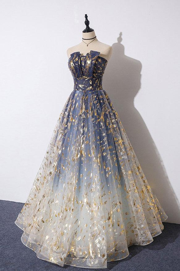 Unique A Line Strapless Ombre Long Prom Dress Stunning Party Dresses KS59