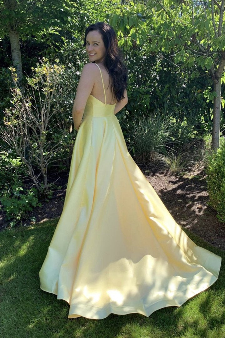 Yellow satin long prom dress simple evening dress KS1266