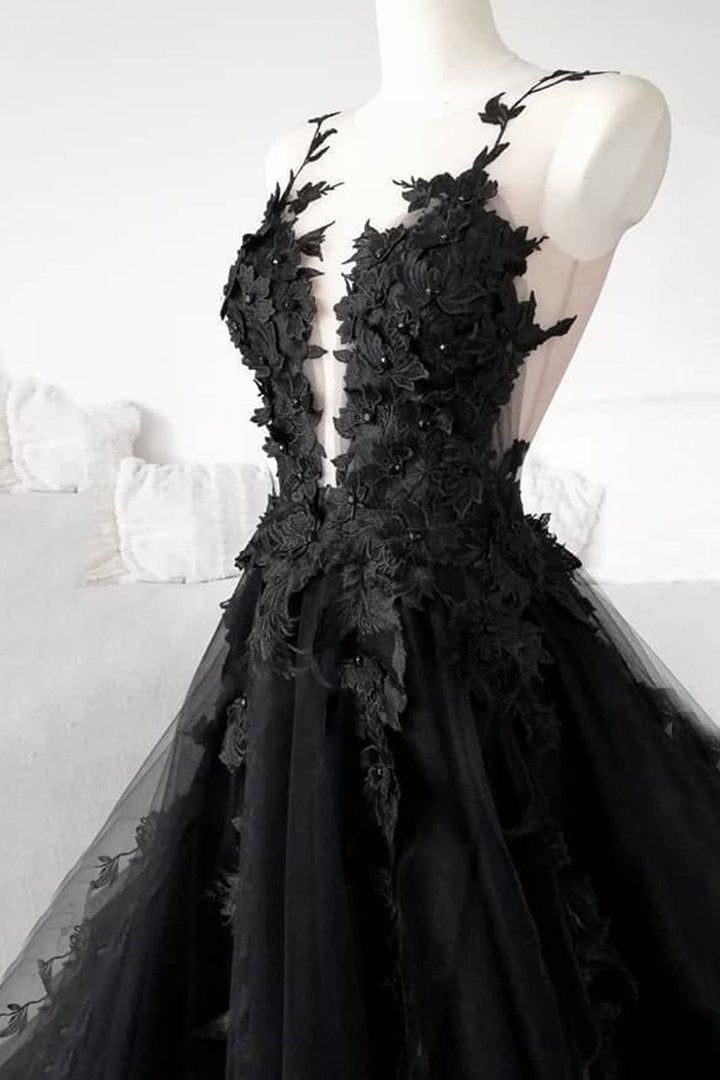 Classic Black Lace Tulle Long Prom Dress Black Evening Dress SH567