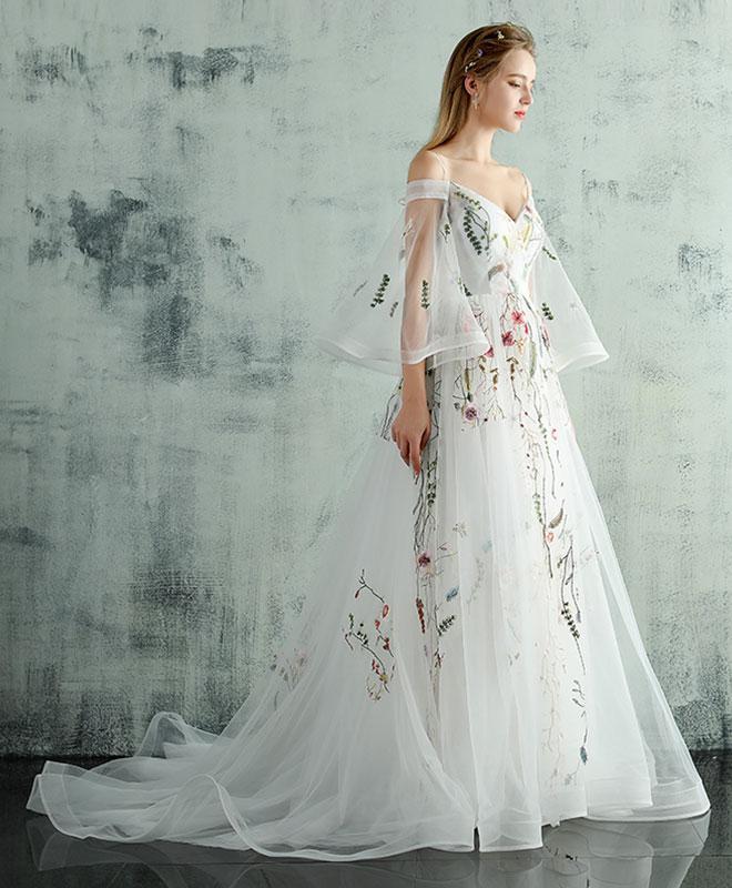 White Tulle Lace Spaghetti Straps Long Evening Dress, Embroidery White Prom Dress KS3796