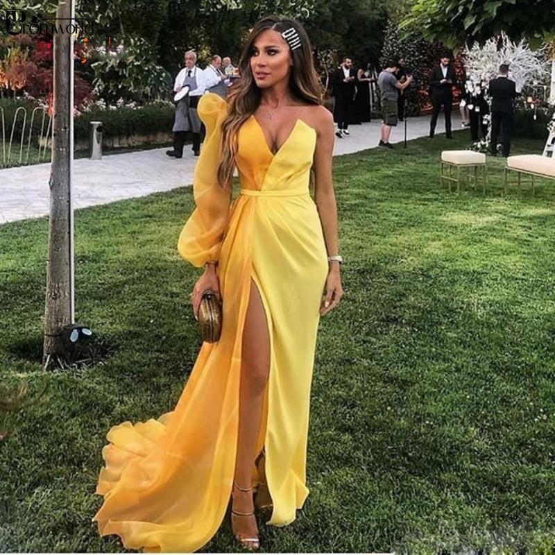 Yellow Dubai Formal Party Dress Women Long Sleeve Evening Gowns Elegant Slit Chiffon Muslim Evening Dresses H4134