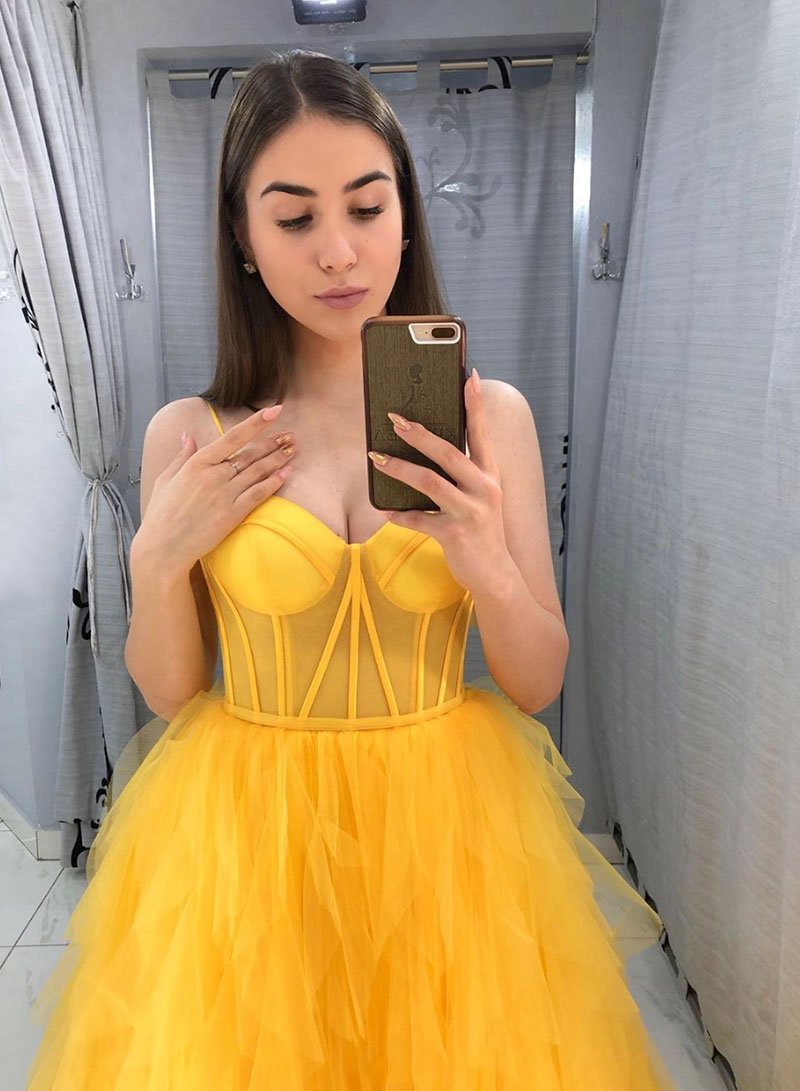 Yellow tulle long prom dress evening dress A20