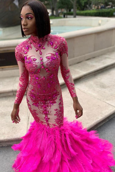 LONG SLEEVES CRYSTALS MERMAID EVENING GOWNS APPLIQUES PROM DRESS SA95