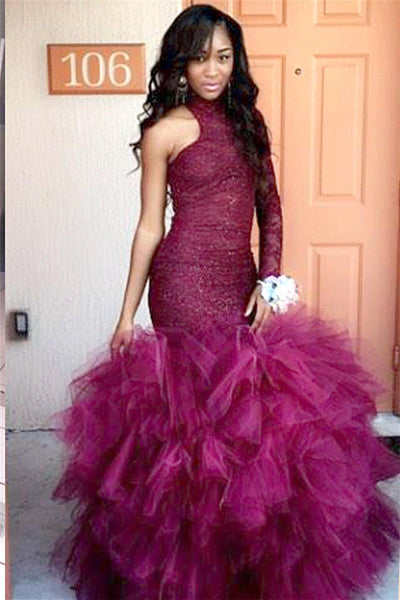 HIGH-NECK ONE-SLEEVE SHEATH LACE PUFFY TULLE PROM DRESS SA130 shinydress HIGH-NECK ONE-SLEEVE SHEATH LACE PUFFY TULLE PROM DRESS SA130 shinydress