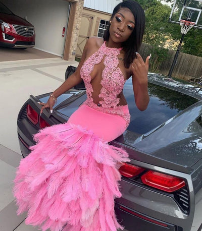 PINK HALTER MERMAID FEATHER PARTY GOWNS PROM DRESS SA73