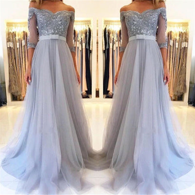 OFF-THE-SHOULDER HALF SLEEVE EVENING DRESSES FORMAL LACE APPLIQUES PROM DRESS SA90