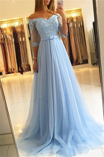 OFF-THE-SHOULDER HALF SLEEVE EVENING DRESSES FORMAL LACE APPLIQUES PROM DRESS SA90