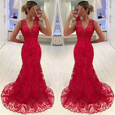 MERMAID APPLIQUES STRAPS SLEEVELESS V-NECK LONG PROM DRESS SA84