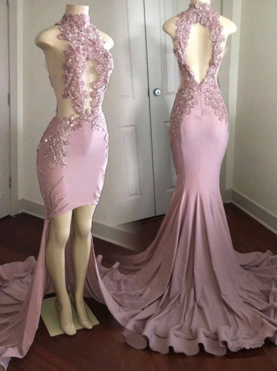 MODEST HIGH NECK LACE APPLIQUES PROM PARTY GOWNS PROM DRESS SA87