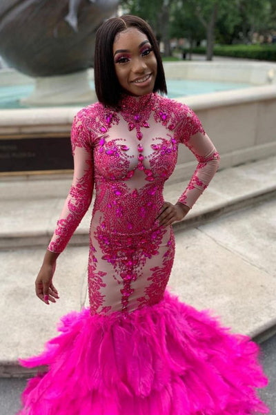 LONG SLEEVES CRYSTALS MERMAID EVENING GOWNS APPLIQUES PROM DRESS SA95