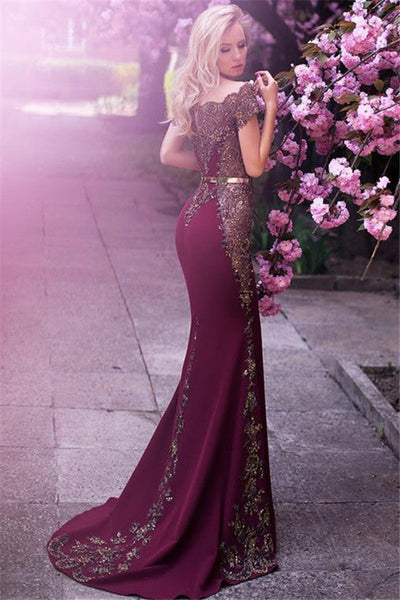 OFF-THE-SHOULDER FORMAL EVENING DRESS BEADS APPLIQUES MERMAID PROM DRESS SA70