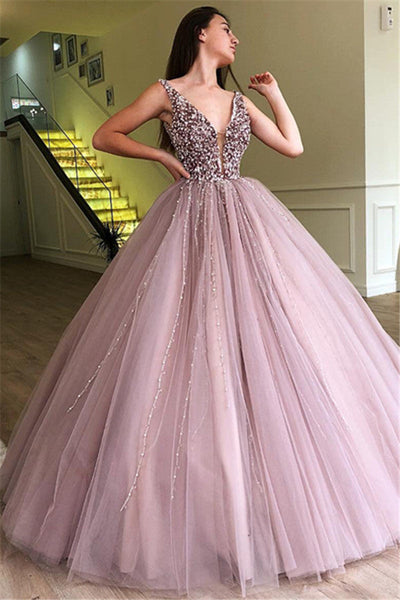 GORGEOUS BALL GOWN TULLE BEADING STRAPS SLEEVELESS PROM DRESS SA131