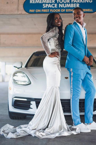 LONG SLEEVES EVENING GOWNS LACE APPLIQUES FLOOR LENGTH PROM DRESS SA74
