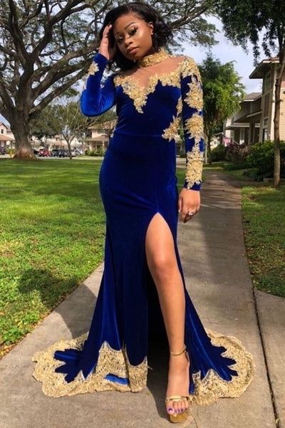 VELVET LONG SLEEVES MERMAID FRONT SPLIT GOLD APLIQUES PROM PARTY GOWNS ROYAL BLUE AS04