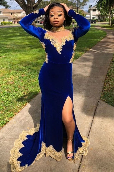 VELVET LONG SLEEVES MERMAID FRONT SPLIT GOLD APLIQUES PROM PARTY GOWNS ROYAL BLUE AS04