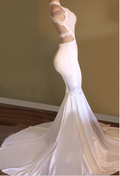 TRENDY WHITE MERMAID HIGH-NECK SLEEVELESS PROM PARTY GOWNS AS05