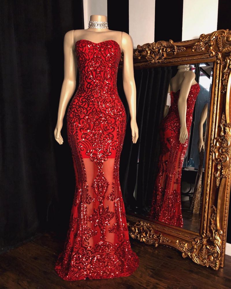 SWEETHEART STRAPLESS SEQUINS PATTERN LONG MERMAID PROM GOWNS AS07
