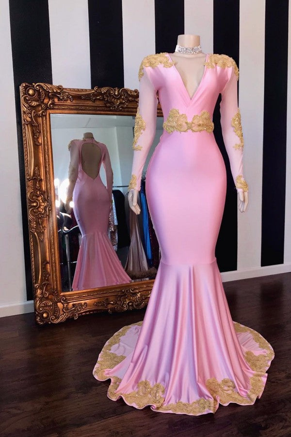 V-NECK LONG SLEEVESS OPEN BACK PINK MERMAID APPLIQUES PROM GOWNS AS08