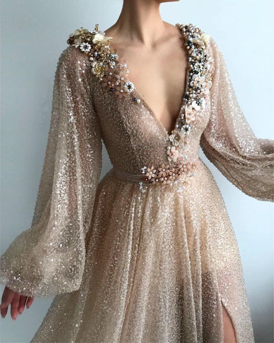 SPARKLE SEQUINS LONG SLEEVESS PROM PARTY GOWNS| CHIC V-NECK FRONT SLIT LONG PROM PARTY GOWN SAS11