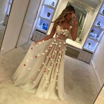 SPAGHETTI STRAPS OPEN BACK FLOWERS CHIC EVENING GOWN CORSET ILLUSION TULLE PROM PARTY GOWNS SAS12