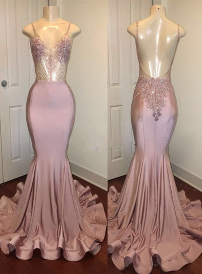 TRENDY PINK BEADS SPAGHETTI STRAP PROM PARTY GOWNS| MERMAID PROM PARTY GOWNS SAS14