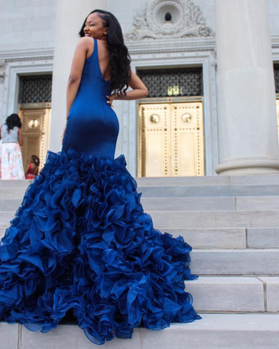V-NECK PROM PARTY GOWNS| RUFFLES MERMAID EVENING DRESS SAS15