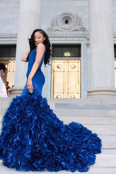 V-NECK PROM PARTY GOWNS| RUFFLES MERMAID EVENING DRESS SAS15