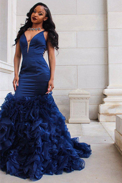 V-NECK PROM PARTY GOWNS| RUFFLES MERMAID EVENING DRESS SAS15