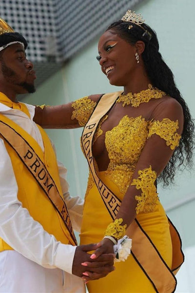 YELLOW LONG SLEEVES MERMAID PROM GOWNS SWEEP TRAIN APPLIQUES SAS16
