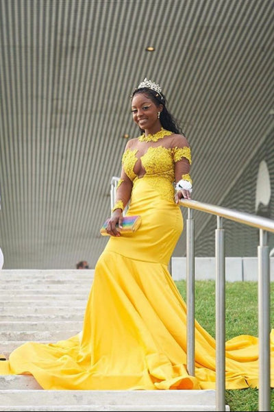 YELLOW LONG SLEEVES MERMAID PROM GOWNS SWEEP TRAIN APPLIQUES SAS16
