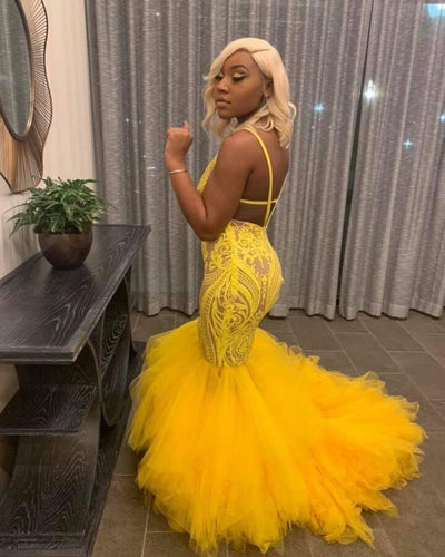YELLOW MERMAID LACE PUFFY TULLE OPEN BACK LONG PROM PARTY GOWNS SAS19