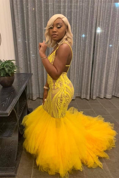 YELLOW MERMAID LACE PUFFY TULLE OPEN BACK LONG PROM PARTY GOWNS SAS19