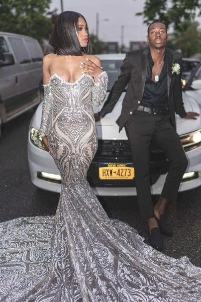 TRENDY LONG SLEEVES SWEETHEART SILVER SEQUINED LUXURIOUS PROM PARTY GOWNS SAS20