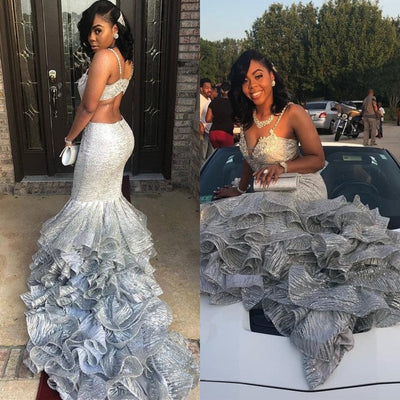 UNIQUE SPAGHETTI STRAPS SLEEVELESS V-NECK MERMAID PROM PARTY GOWNS SAS25