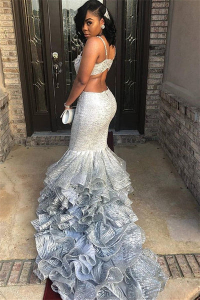 UNIQUE SPAGHETTI STRAPS SLEEVELESS V-NECK MERMAID PROM PARTY GOWNS SAS25