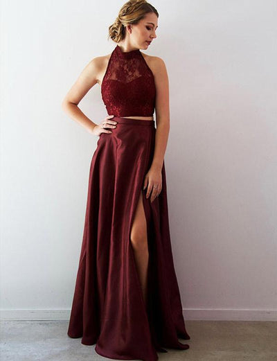 TWO PIECE LACE A-LINE SPLIT FRONT FLOOR-LENGTH HALTER PROM PARTY GOWNS SAS26