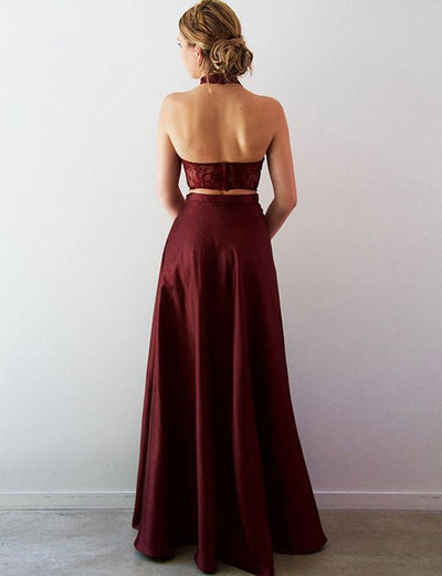 TWO PIECE LACE A-LINE SPLIT FRONT FLOOR-LENGTH HALTER PROM PARTY GOWNS SAS26
