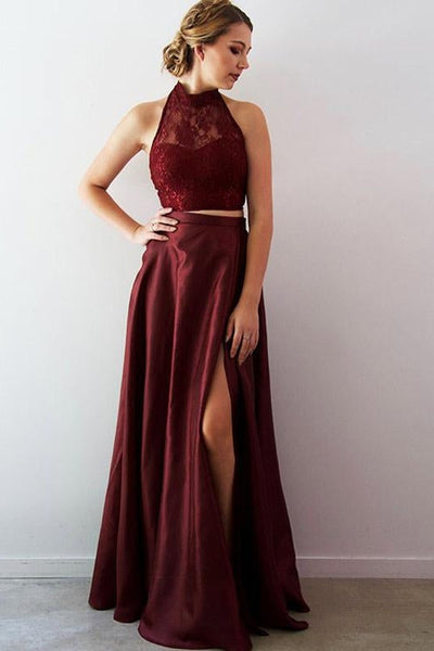 TWO PIECE LACE A-LINE SPLIT FRONT FLOOR-LENGTH HALTER PROM PARTY GOWNS SAS26